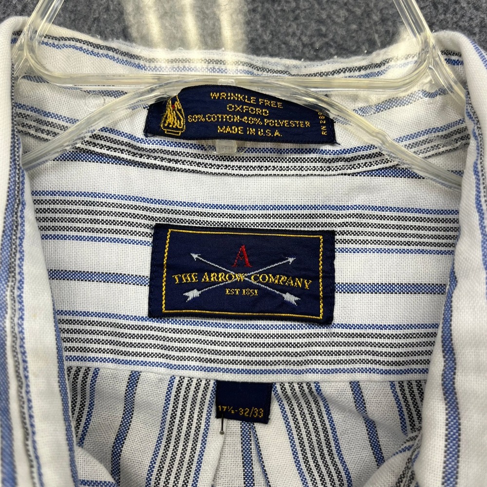 The Arrow Company Button Down Mens 17.5 32/33 White Blue Striped Oxford Shirt - Picture 11 of 15